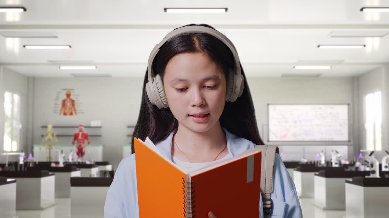 과학 실험실 에 서 있는 동안 책 을 들고 읽는 배 을 들고 있는 아시아 청소년 여자 학생 의 근접 사진