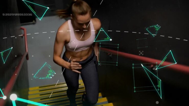 animación de grabación de estadísticas con una atleta subiendo la escalera
