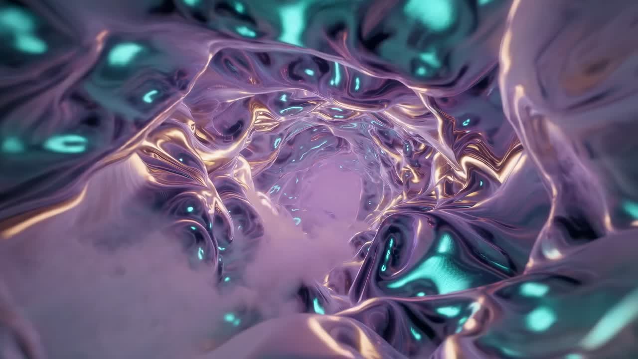 Flowing abstract tunnel of shimmering metallic textures transitions through vibrant colors, creating a mesmerizing visual journey of fluid motion and depth