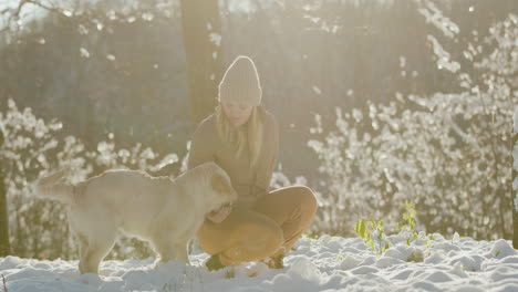 young woman walking with a dog in a winter park