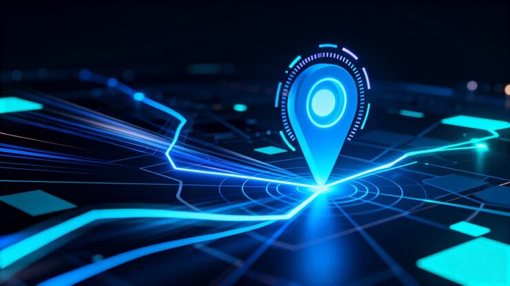 Indicatore olografico che appare, pulsante, con una punta che si estende e anelli rotanti su una mappa digitale, con linee guida.