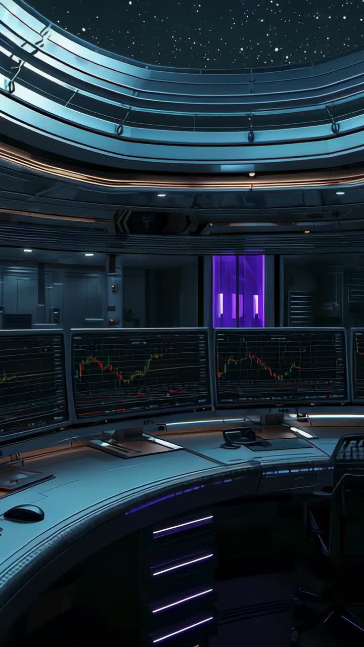 Lodret video: Aktivering af multi-skærmkonsol, der viser diagrammer i rumstation med oplyst portal