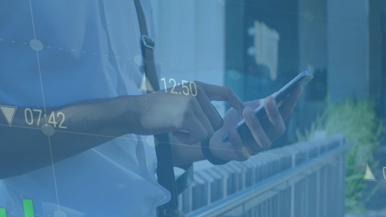 Animation of data processing against mid section of a man using a smartphone outdoors
