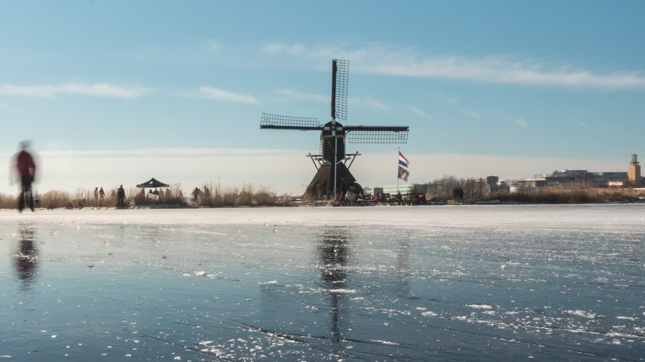 Ice skaters on frozen canal in Netherlands winter, time lapse