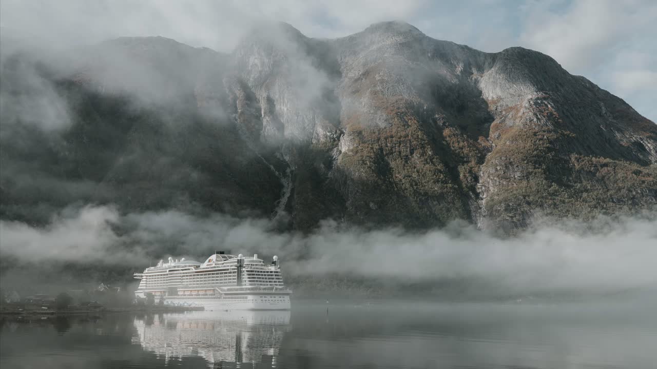 Cruise ship in fjords of Norway. Dramatic time lapse video