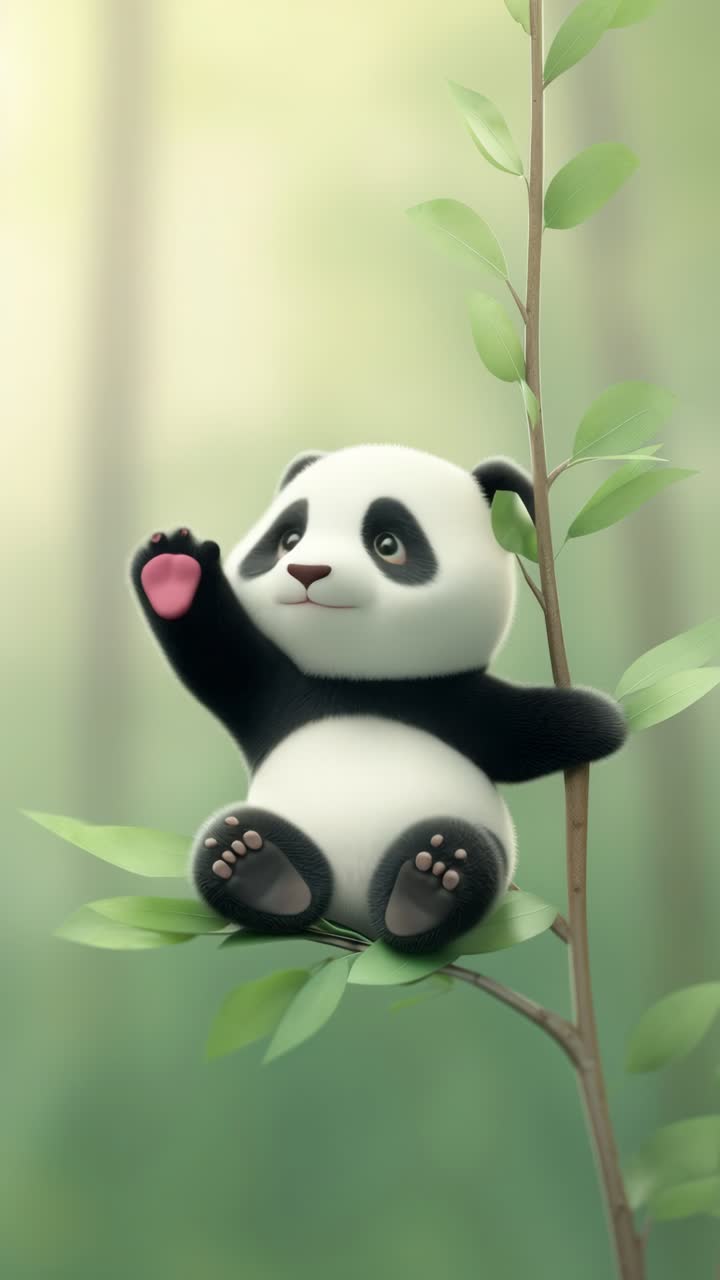 Adorable panda cub perched on a bamboo branch, captured in a soft-focus, eye-level angle
