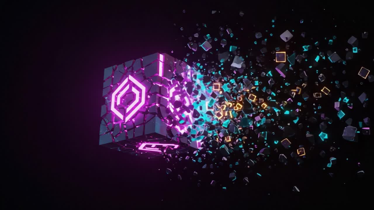 Explosive Transformation of a Futuristic Cube: A Detailed Analysis of Fragmentation and Dynamic Energy Release in a Vividly Colored 3D Environment