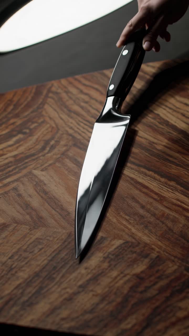 Close-up video shot of a hand holding a shiny chef's knife over a wooden cutting board