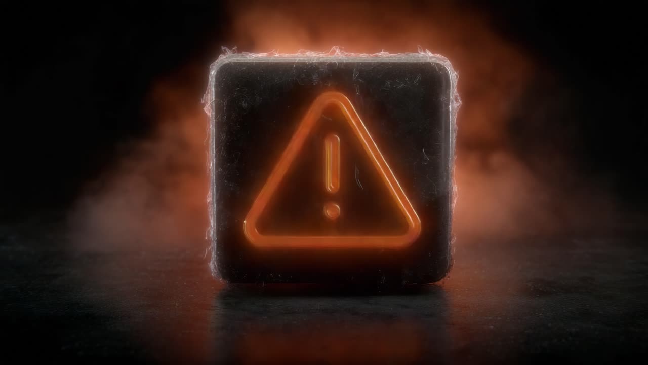 Dynamic Warning Signal Displaying a Bright Orange Exclamation Mark in a Dark, Smoky Environment, Signifying Hazard Alert for Viewers to Respond Accordingly