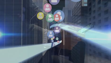 Animation-of-profile-icons-and-3d-city-model-over-mid-section-of-a-man-using-smartphone-on-street