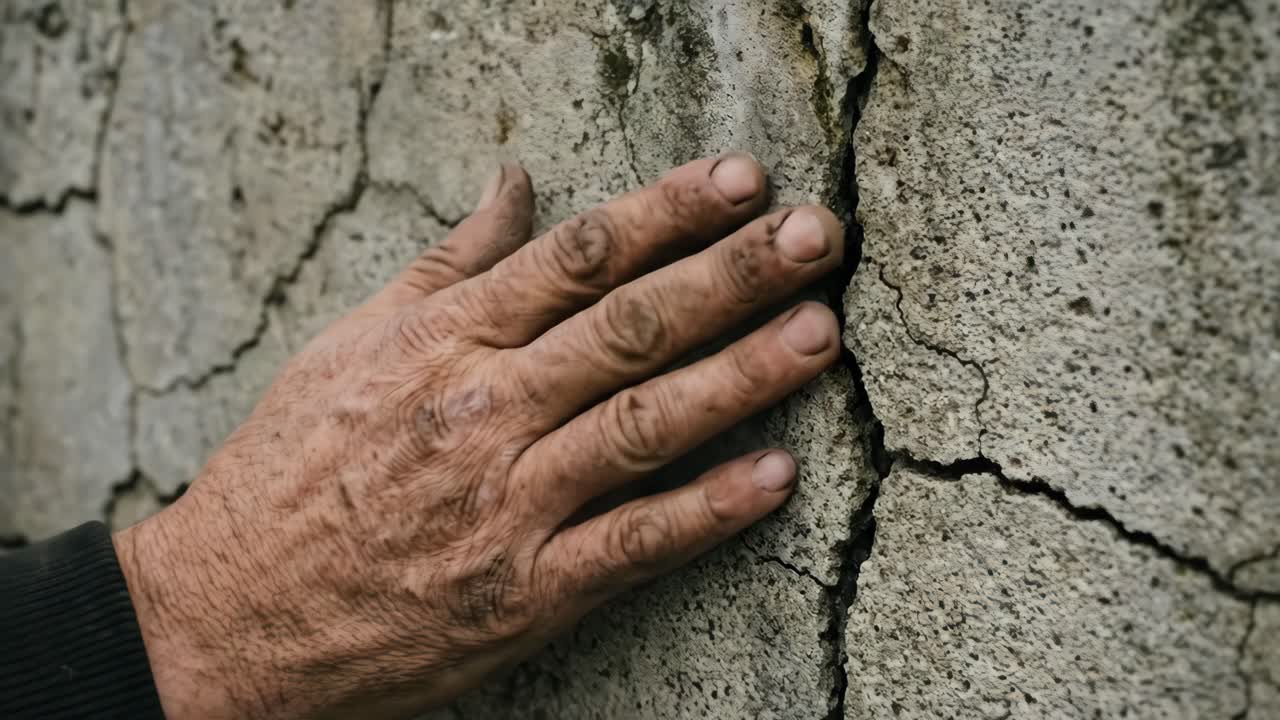 Old Hand Feeling the Texture of a Cracked Concrete Wall