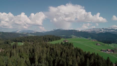 Aerial-of-Lakes,-Forests-and-Mountains-in-rural-Switzerland