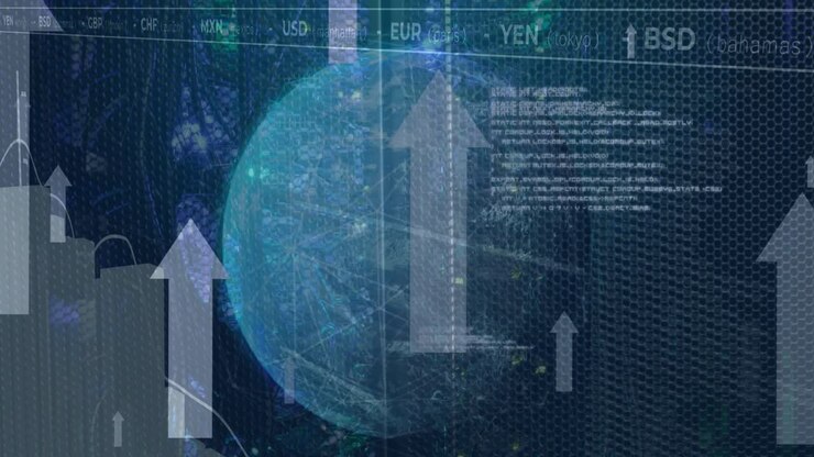 Animation of globe and data processing over computer servers