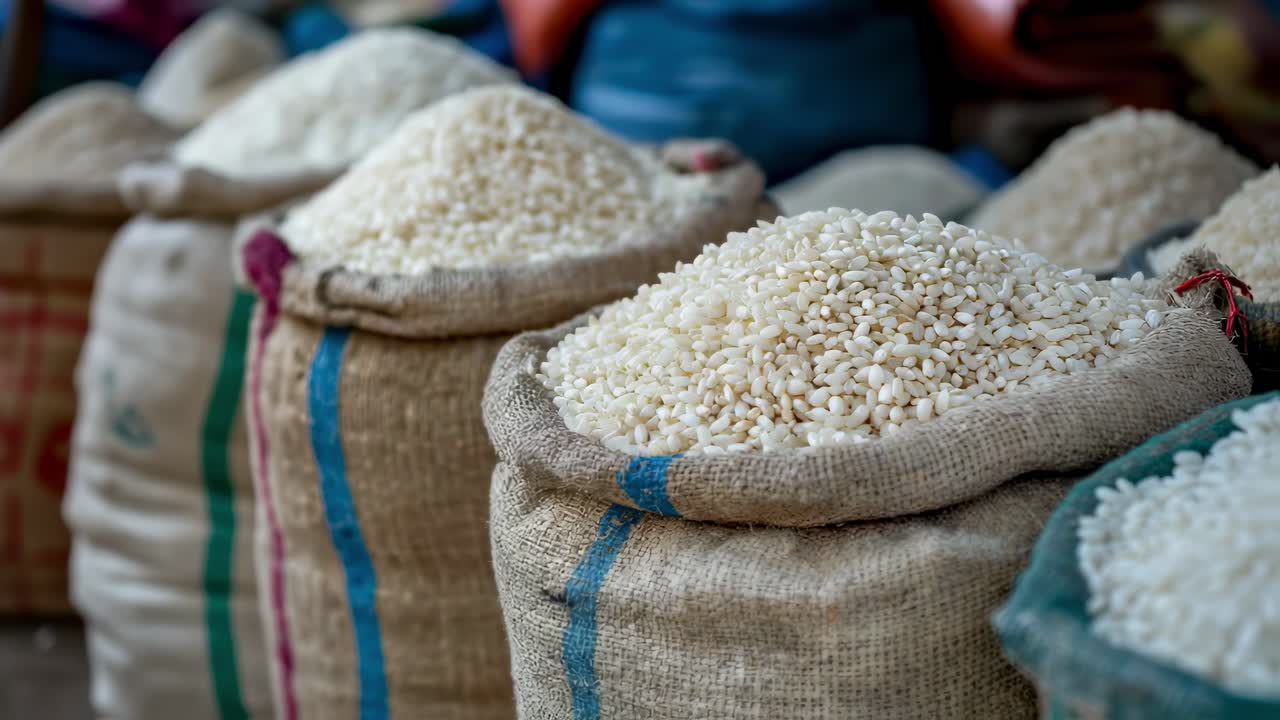 White rice cascading into burlap sacks, filling containers with abundant grain at bustling rural marketplace, showcasing traditional agricultural commerce and local food distribution
