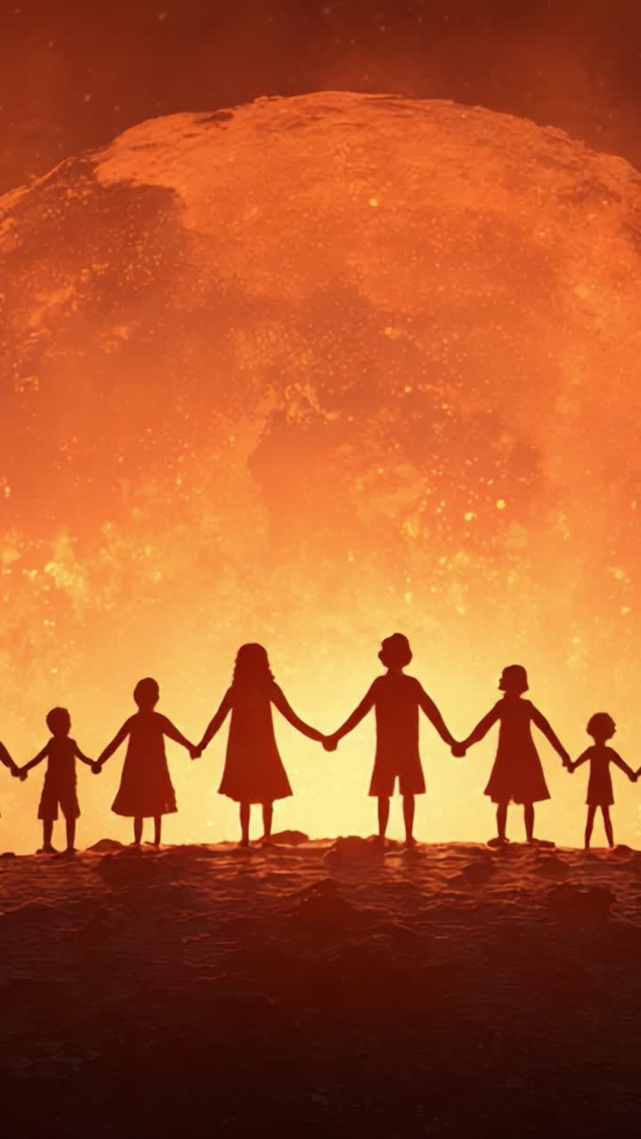 A Group of Diverse Children and Adults Holding Hands Against a Stunning Silhouette of a Large Red Moon in an Enigmatic and Vibrant Sunset Landscape