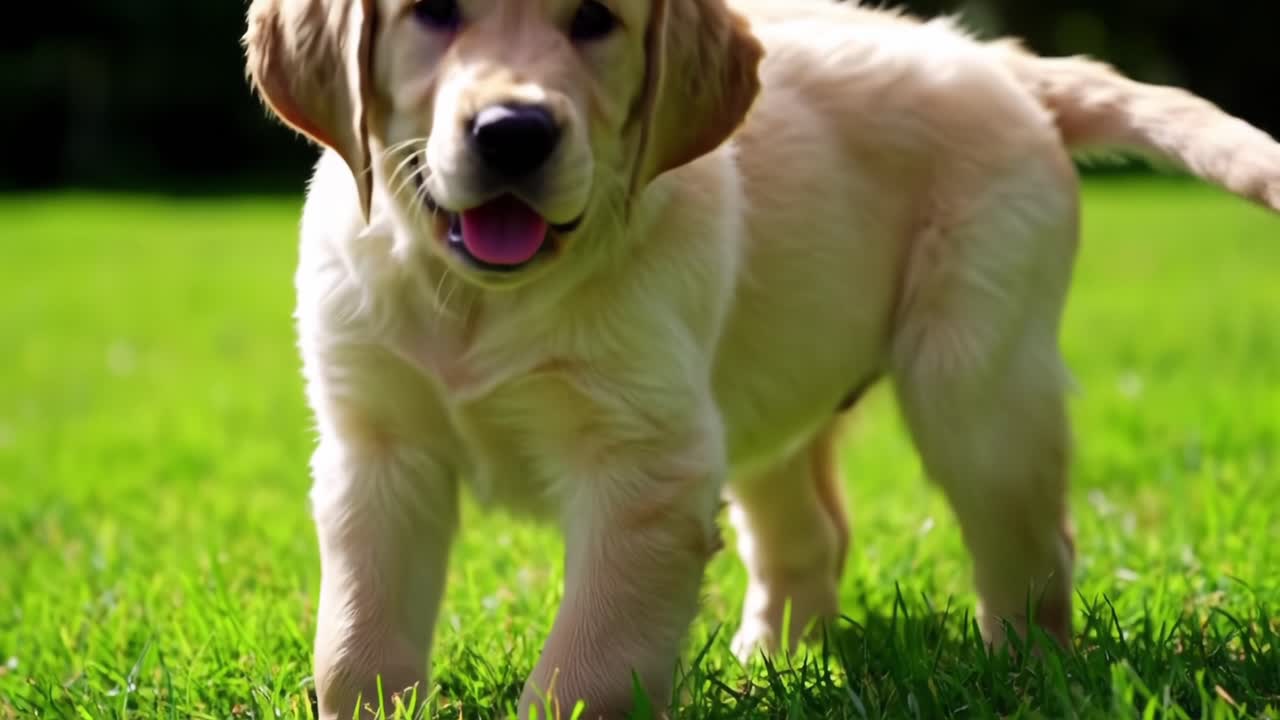 An Adorable Golden Puppy Playfully Rolling and Exploring in a Lush Green Garden, Showcasing Its Joyful Spirit and Playful Energy Amidst Nature's Beauty
