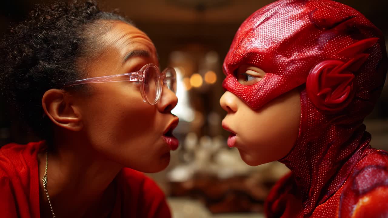 A Heartwarming Moment Between a Parent and Child as They Playfully Mimic Each Other's Expressions, Capturing the Essence of Joy and Imagination in Everyday Life