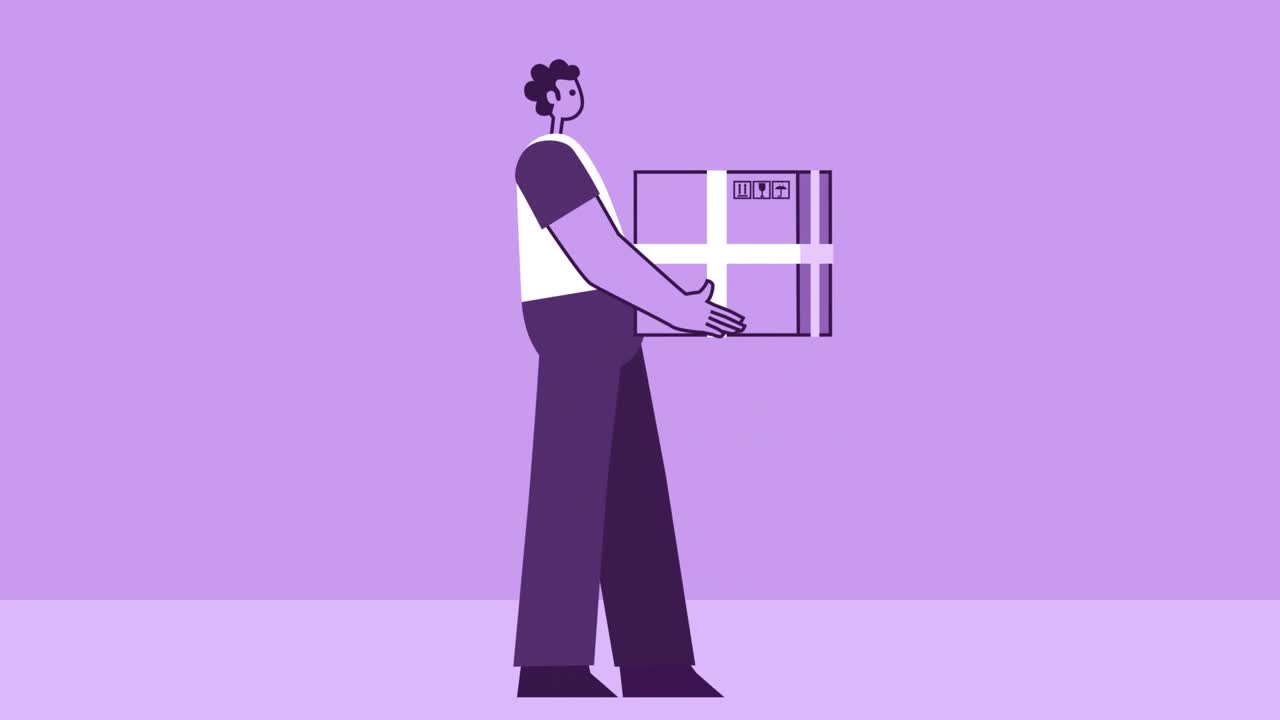 Purple Style Man Flat Character Delivery Person Carries Cardboard Box. Isolated Loop Animation with Alpha matters
