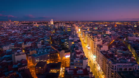 Madrid-Timelapse-at-sunset,-rooftop-panorama-aerial-view-of-the-Gran-Via