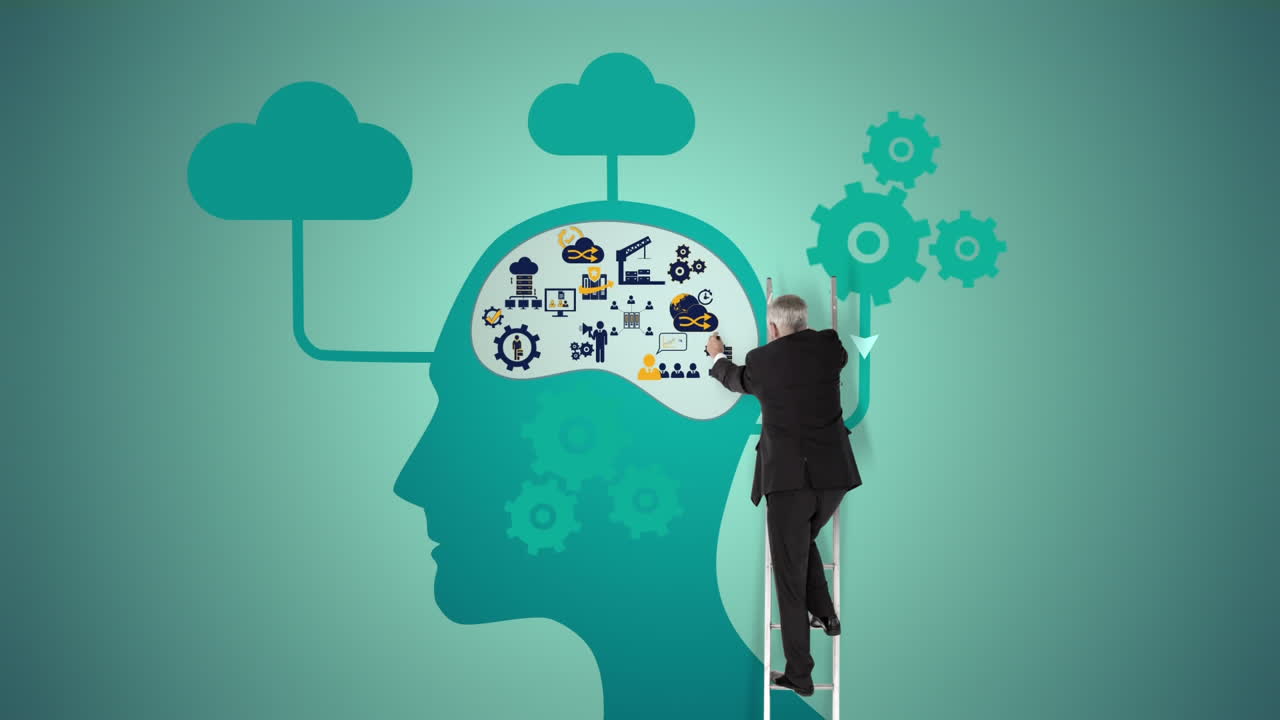 hombre en la escalera trabajando en la cabeza animada