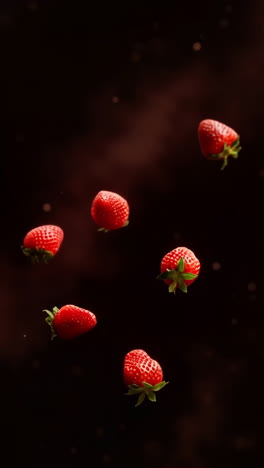 floating strawberries on a dark background