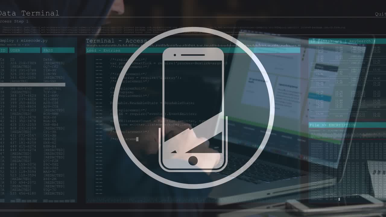 Animation of smartphone icon and data processing against mid section of a person using laptop