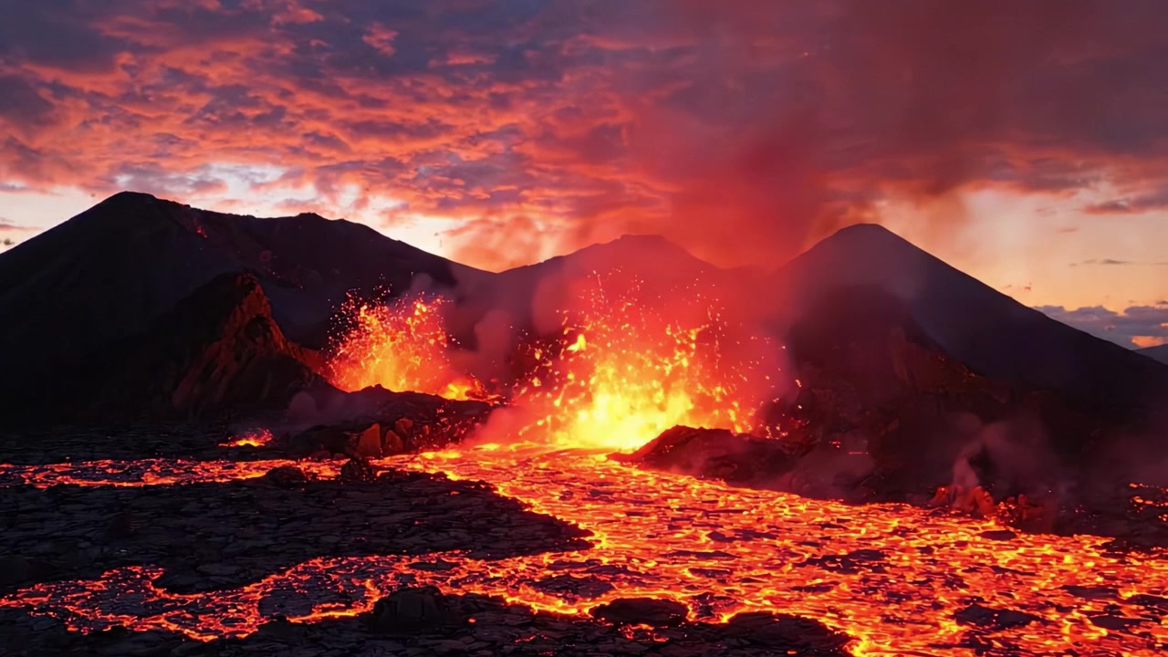 Uno spettacolo mozzafiato di eruzione vulcanica: un viaggio attraverso lava fluente e montagne in eruzione sotto un cielo drammatico al tramonto.