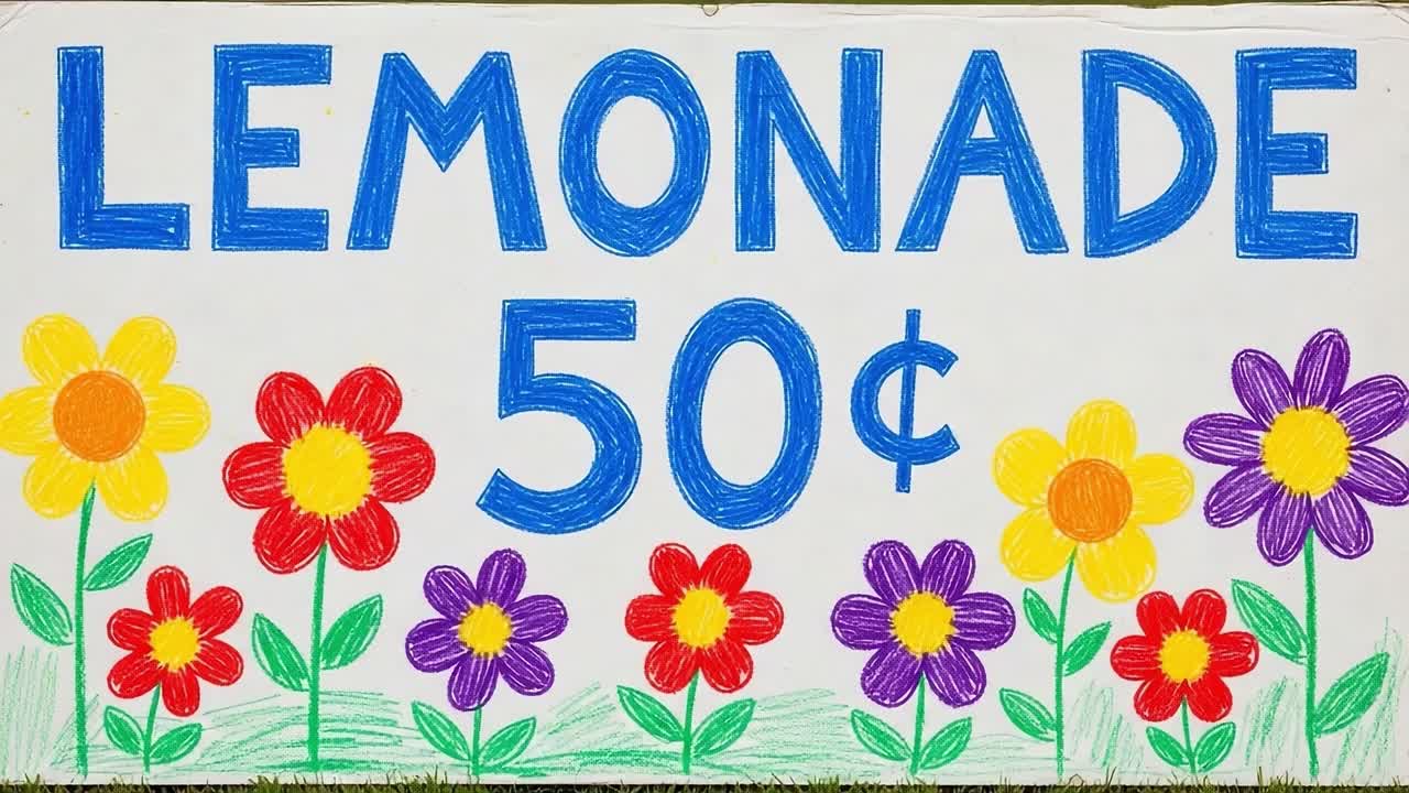 Brightly Colored Lemonade Stand Sign Featuring Flowers and Bold Text, With a Price of 50 Cents Displayed Prominently for Thirsty Passersby to Notice and Enjoy Refreshing Drink