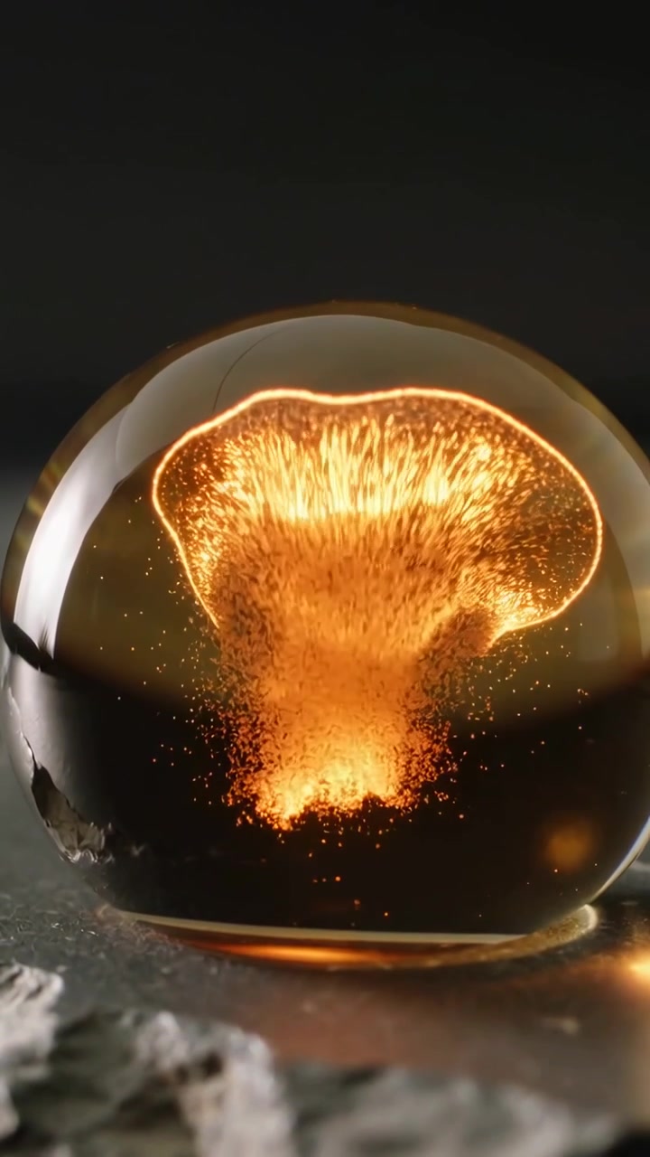Vertical video: Starting wave, glass orb forming rising orange dust column on dark table, left slab