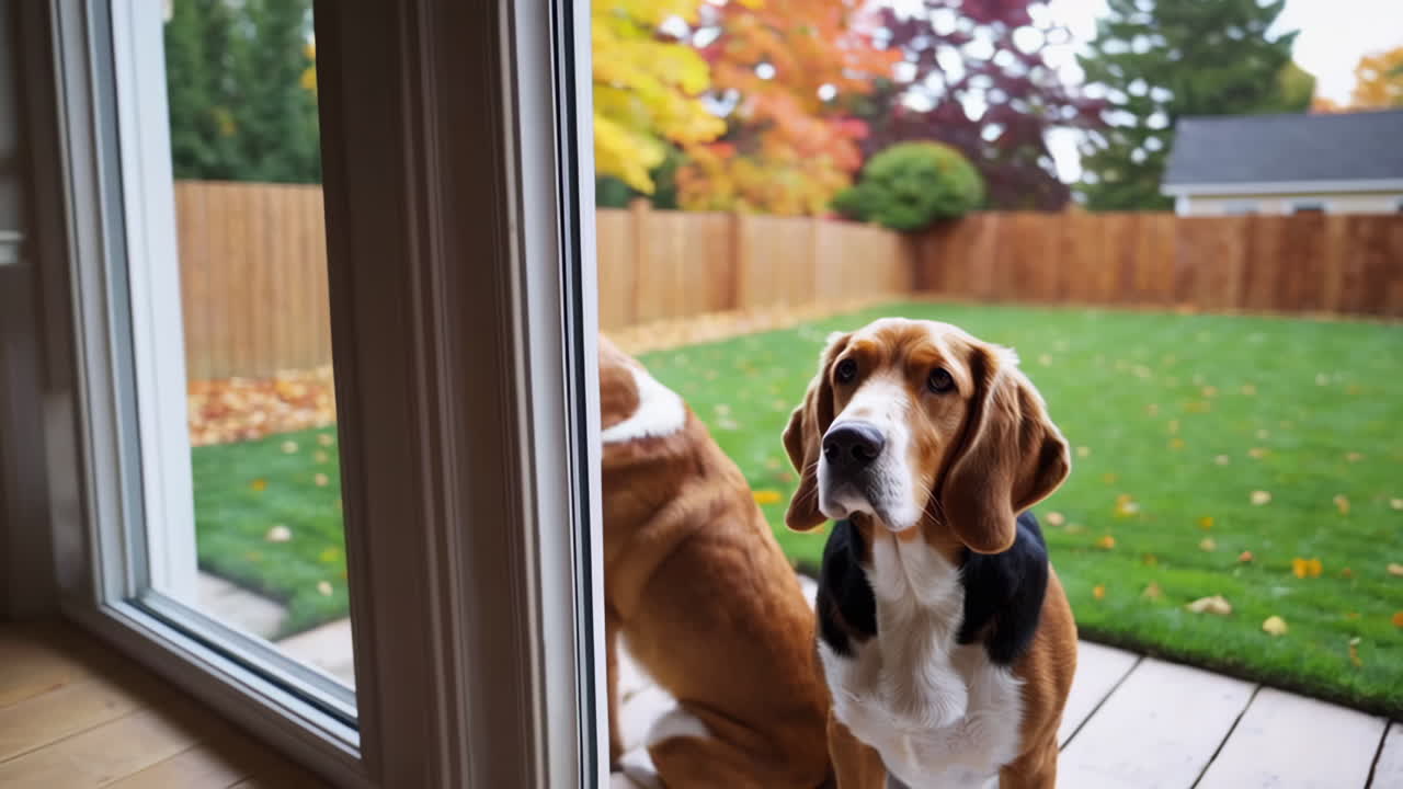 Two Beagles in a Fall Backyard