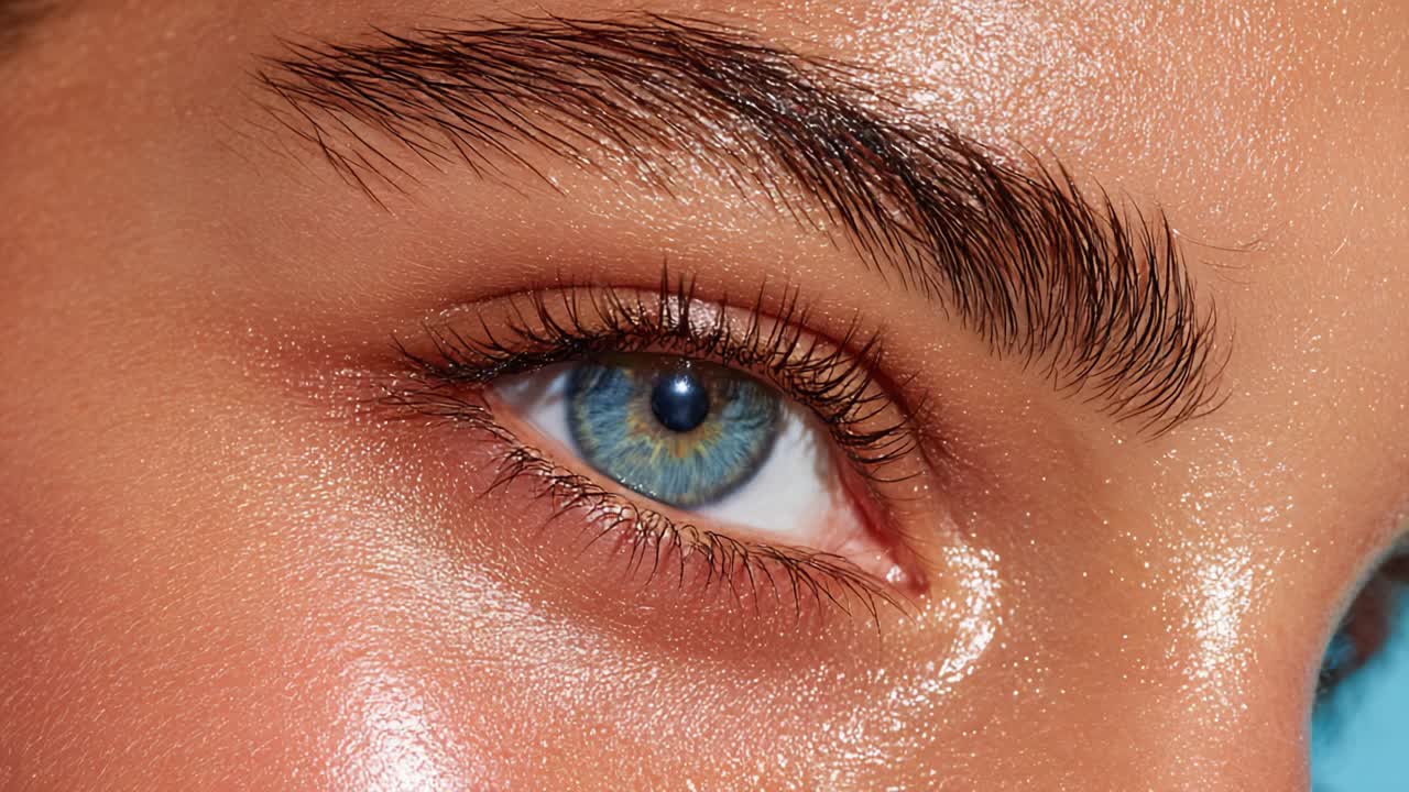 Captivating Close-Up of a Mesmerizing Eye with Shimmering Skin and Defined Brow, Highlighting Beauty and Detail in a Striking Portrait