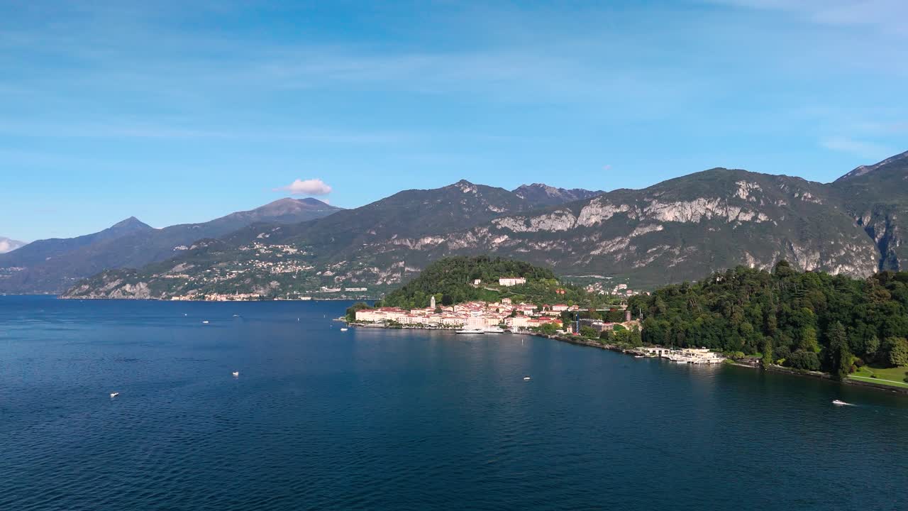 Drone view of Bellagio, trees, mountains etc, Lake Como, Italy