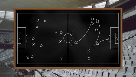 animación digital del diseño del campo de fútbol contra el estadio de deportes en el fondo