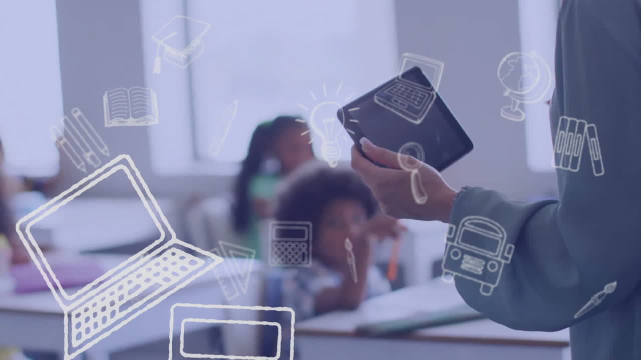 animación de iconos escolares sobre diversas maestras con tabletas y escolares en clase
