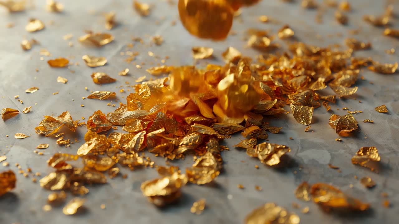 Falling golden shards accumulating on smooth grey stone surface, scattering pieces outward