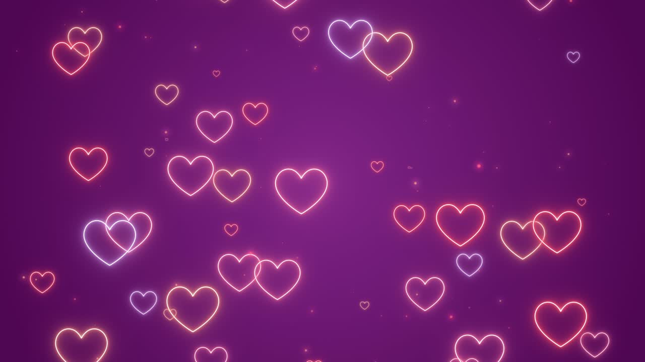 corazones de neón voladores de colores. animación en bucle.