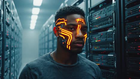 man with glowing cybernetic face in data center