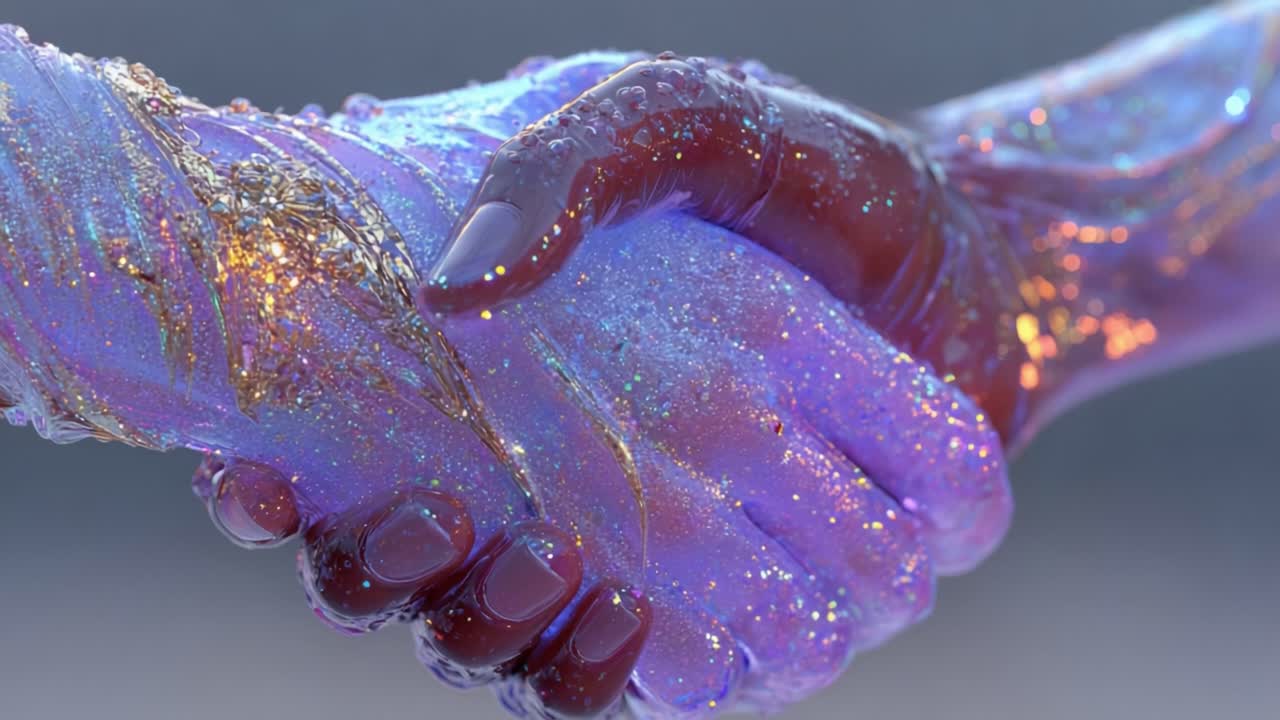 Two futuristic, otherworldly hands shaking in agreement, covered in iridescent purple and gold glitter with a glowing, bioluminescent quality in a powerful gesture of cosmic partnership