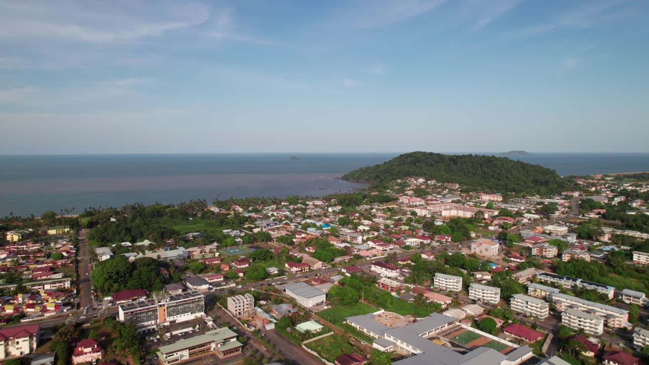 Drone shot of Cayenne, French Guiana with Point Buzare and Caribbean Sea in distance, 4K