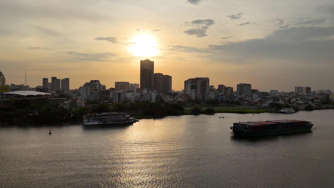 Aerial view of Ho Chi Minh City street, Vietnam at sunset