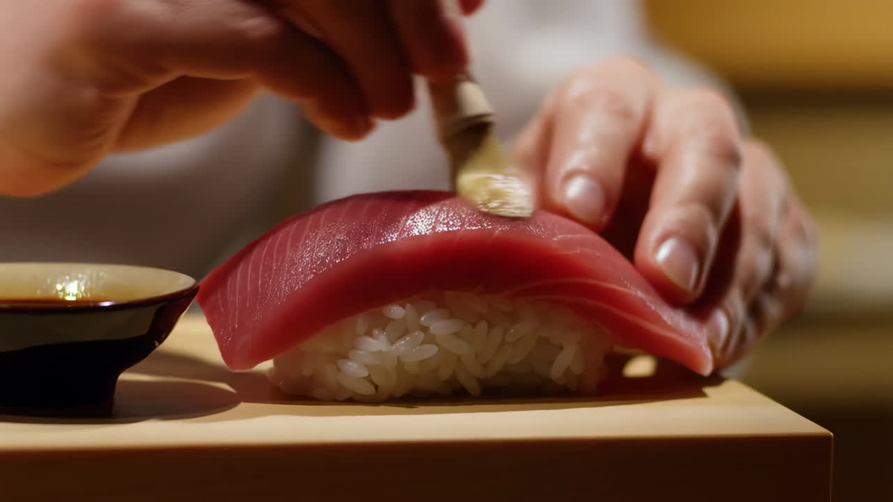 Chef preparing tuna nigiri sushi