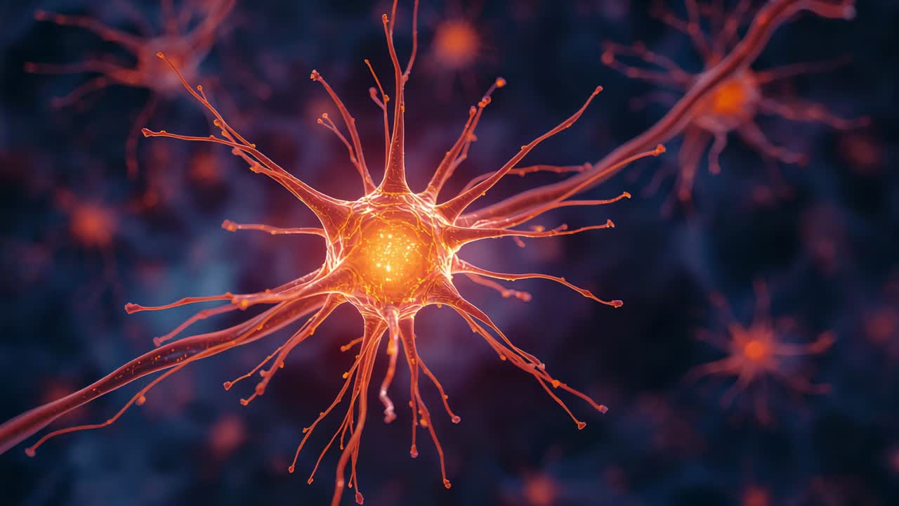 Pulsing central neuron-like soma initiating signal on axon contact in lab render of neural network