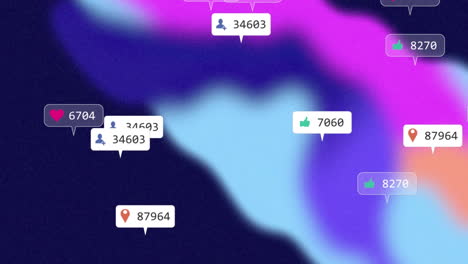 animation of social media notifications, falling over pink and blue blurred shapes, then white