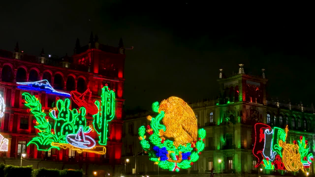 Colorful lights celebrate Mexico's independence in Zocalo at night