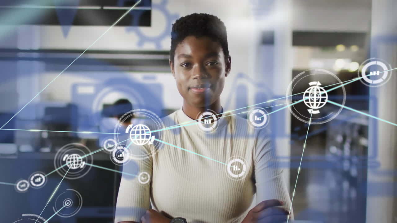 Animation of network of connections over african american businesswoman in office