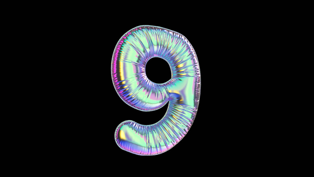 Numero 9 olografico iridescente che ruota su sfondo nero