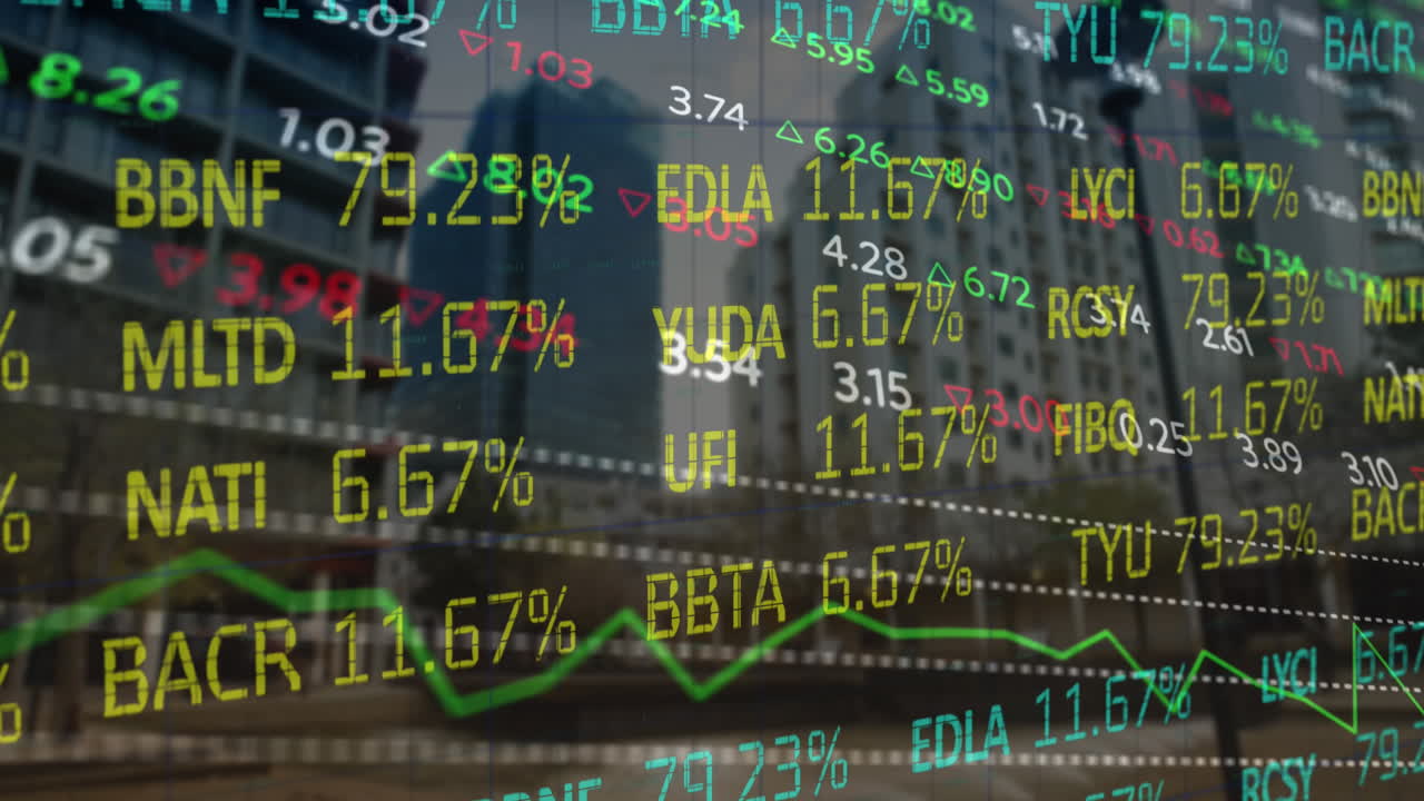Animazione di elaborazione di dati del mercato azionario sullo sfondo di grattacieli.