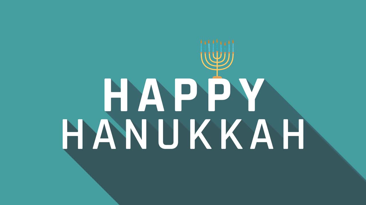 메노라 아이콘과 영어 텍스트를 가진 하누카 휴일 인사 애니메이션