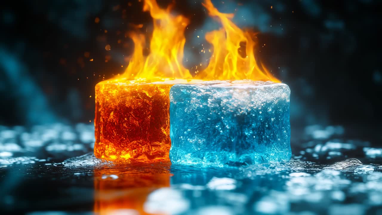 Fire and ice form striking contrasts. Two ice cubes in vibrant colors burn with flames on a reflective surface, creating a striking contrast of heat and cold.