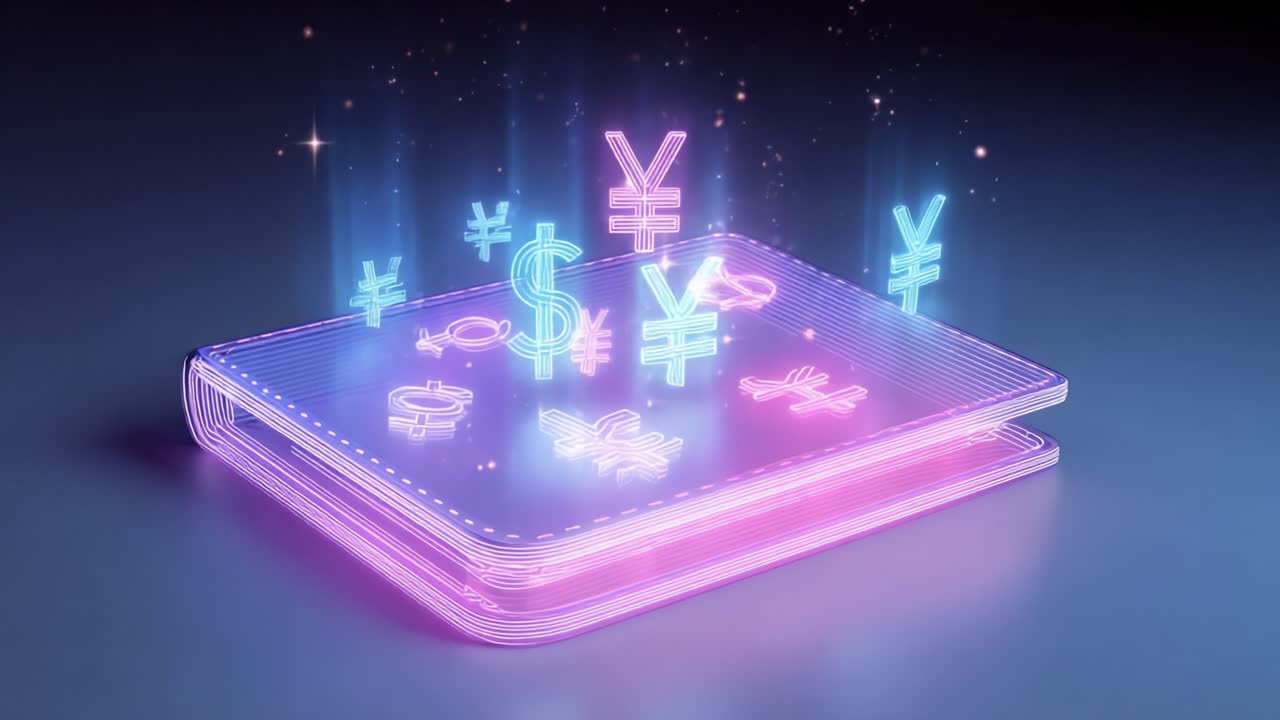 A futuristic digital wallet displaying vibrant currency symbols, including dollar signs and yen, radiating a neon glow in a dynamic and captivating presentation, ideal for financial themes